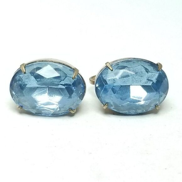 Vintage Blue Oval Rhinestone Clip On Earrings, Screw Backs, Retro Sparkle Estate - Picture 1 of 5